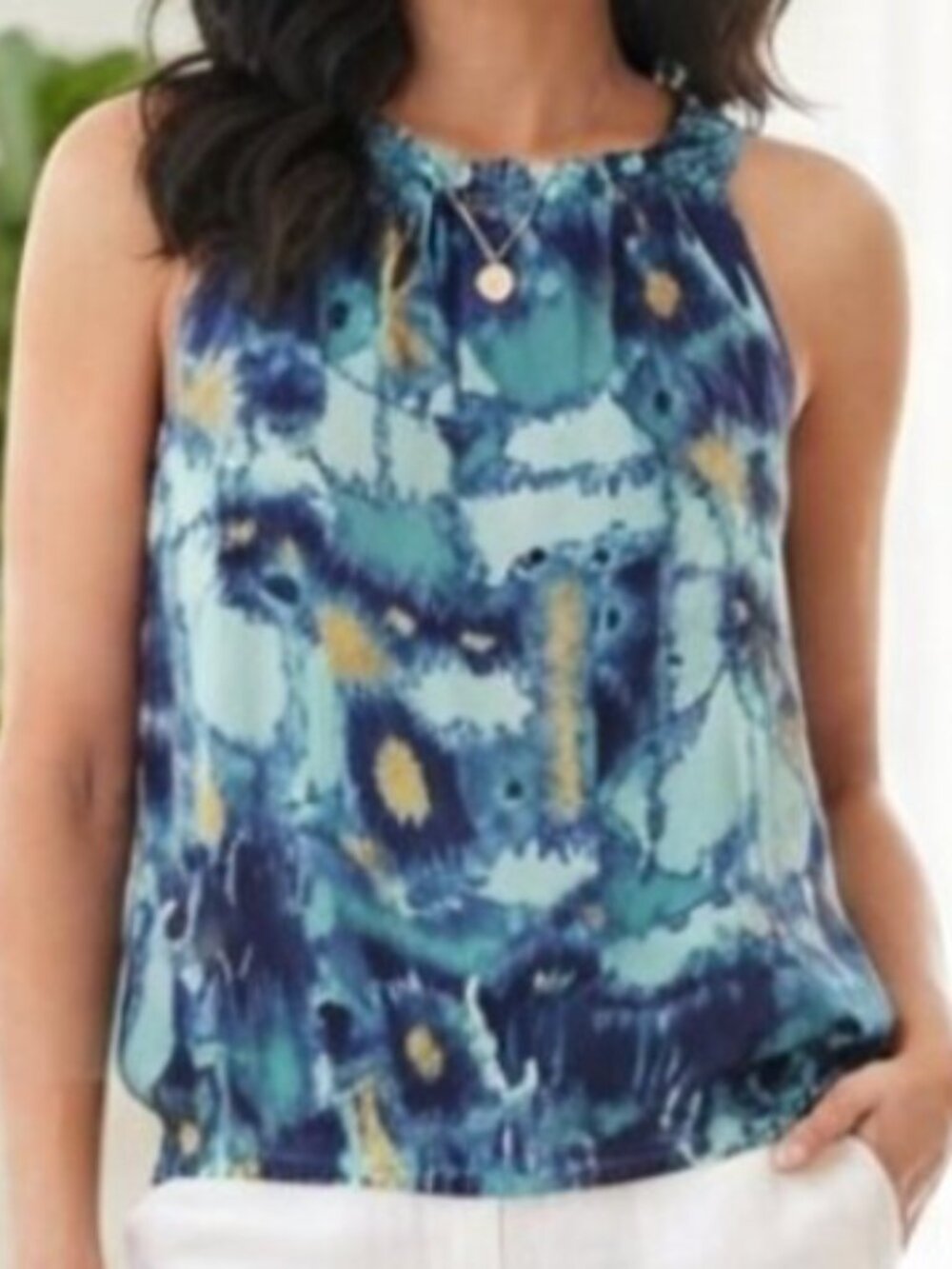NIC+ZOE Blue Teal Abstract Ikat Print Sleeveless Tank Top Size M